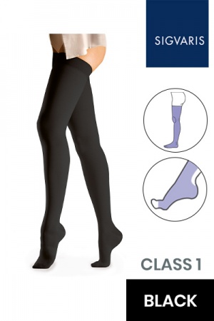 Sigvaris Essential Comfortable Unisex Class 1 Thigh High Black Compression Stockings with Open Toe